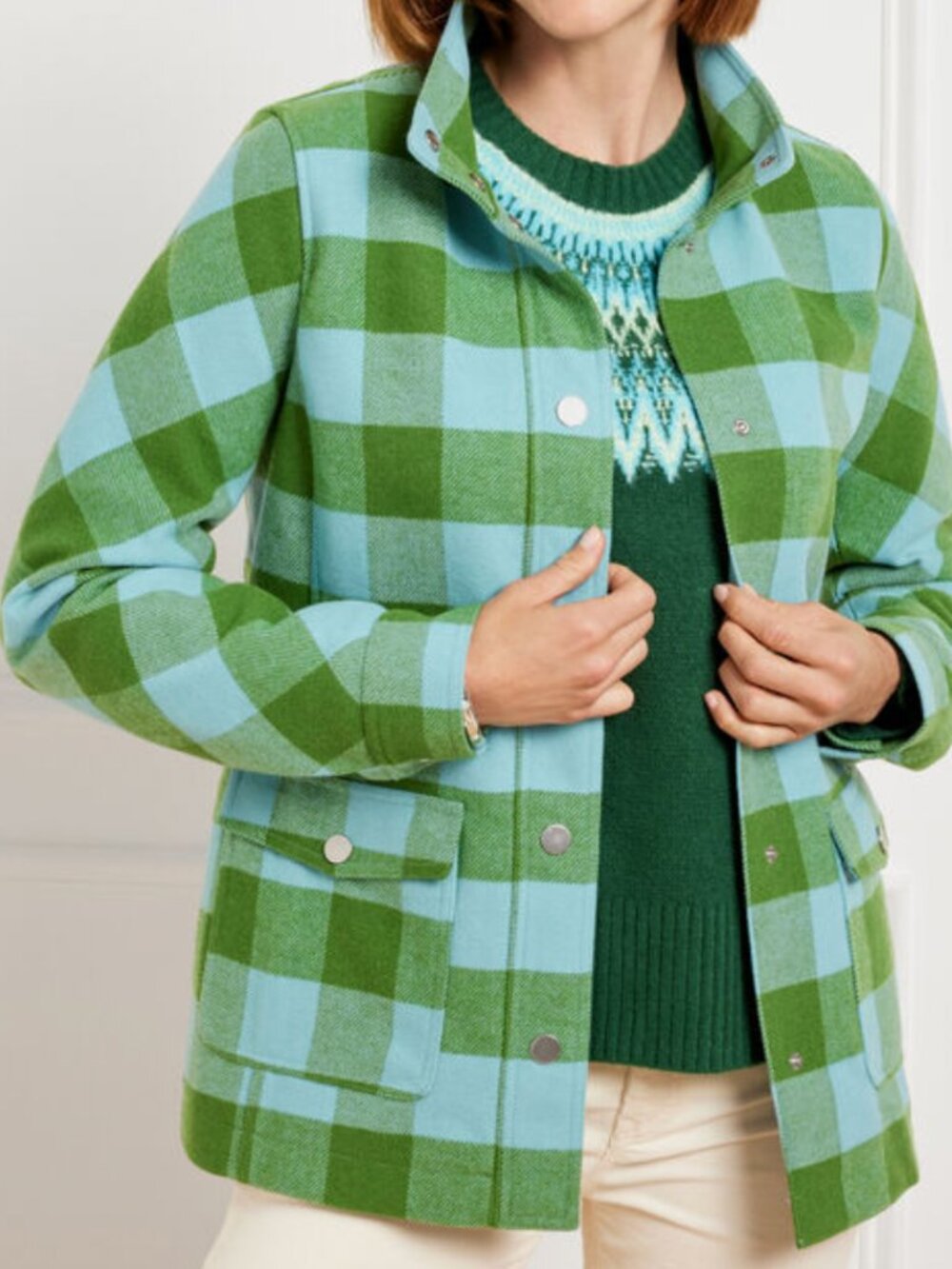 NWT TALBOTS FIELD JACKET - BELLE CHECK, wool blend, blue & green, large